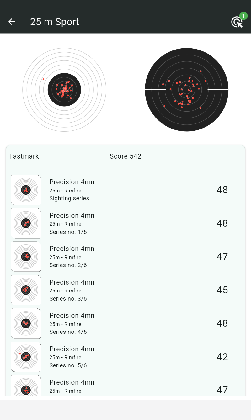 Session page of a 25 m sport match