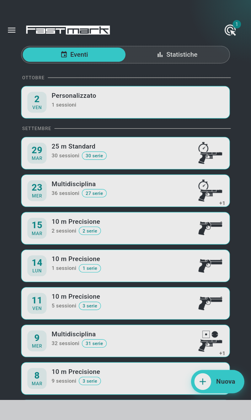 Schermata iniziale con l'elenco degli eventi