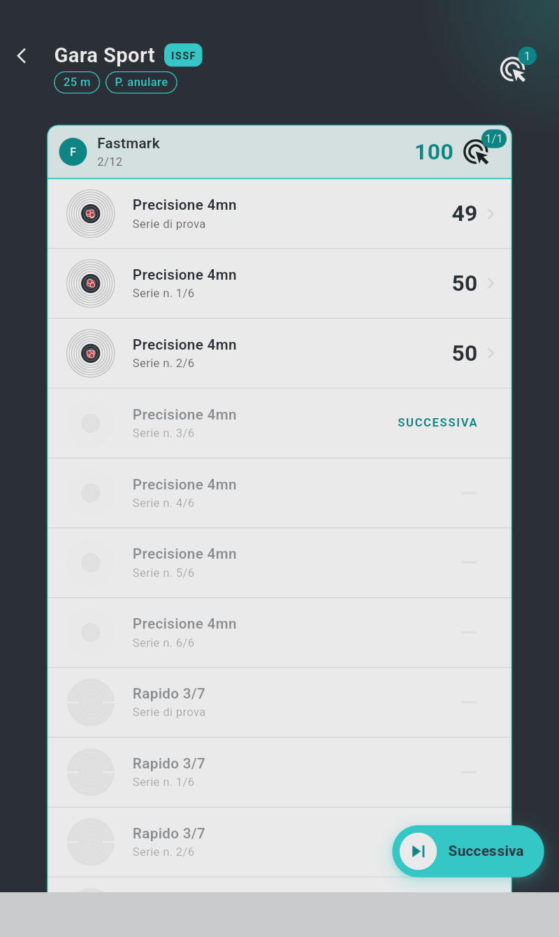 Pagina di sessione di una gara 25 m sport