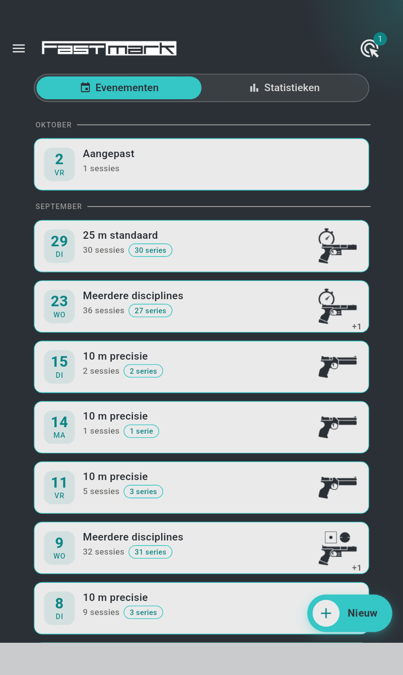 Startscherm met de evenementenlijst